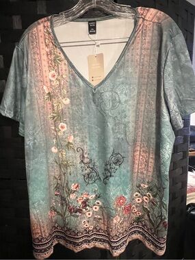 SHEIN Teal and Pink Floral V-Neck Blouse